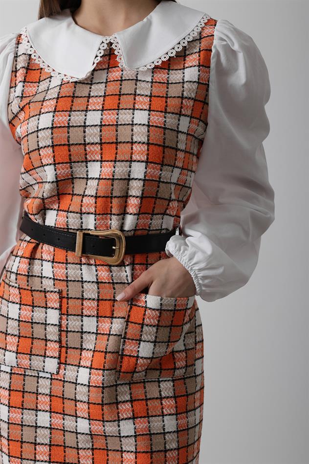 Ekoseli Gömlek Detaylı Elbise - Oranj