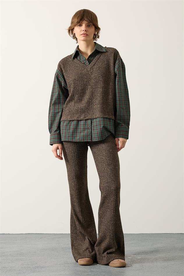 EKOSELİ GÖMLEK DETAYLI TAKIM - Kahve Yeşil