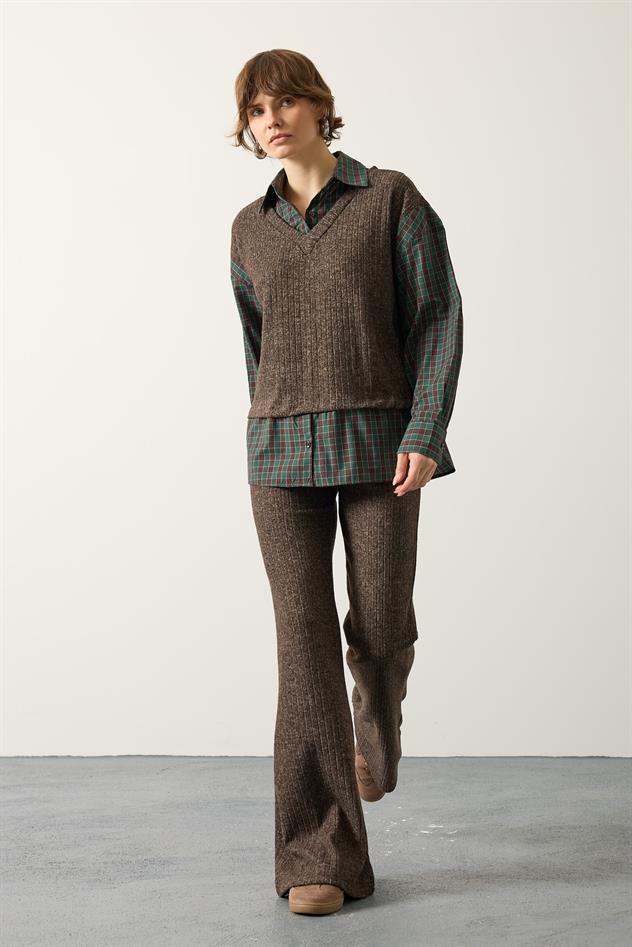 EKOSELİ GÖMLEK DETAYLI TAKIM - Kahve Yeşil