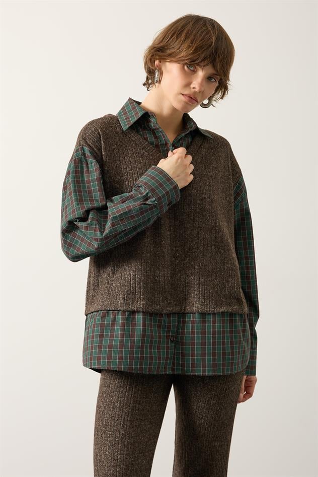 EKOSELİ GÖMLEK DETAYLI TAKIM - Kahve Yeşil