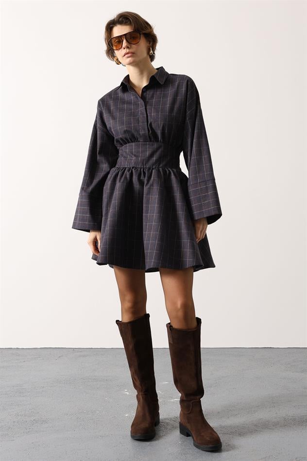 EKOSELİ KUŞAKLI ELBİSE - Lacivert