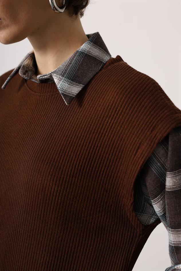 EKOSELİ SÜVETER DETAYLI ELBİSE - Kahve-Yeşil