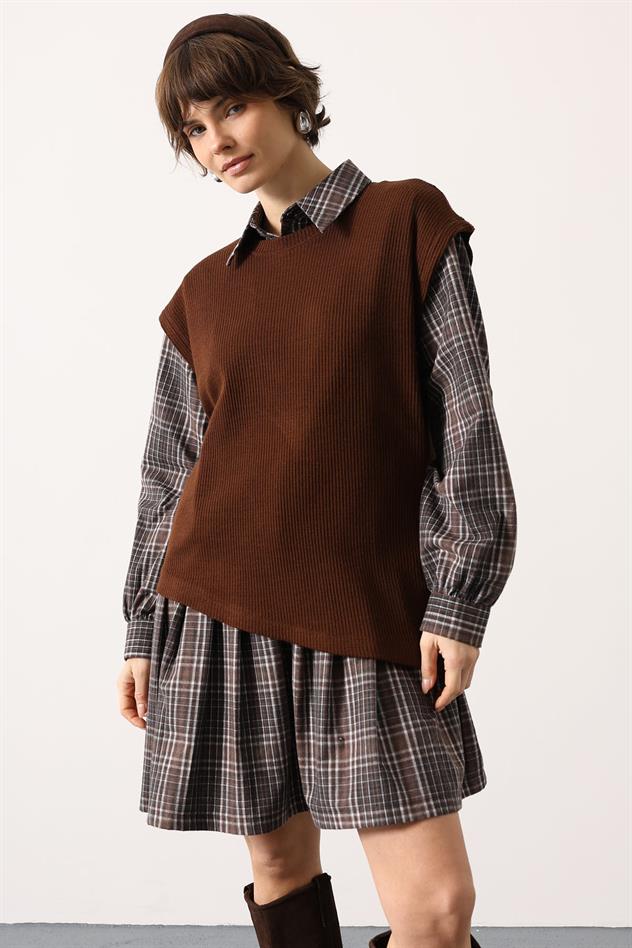 EKOSELİ SÜVETER DETAYLI ELBİSE - Kahve