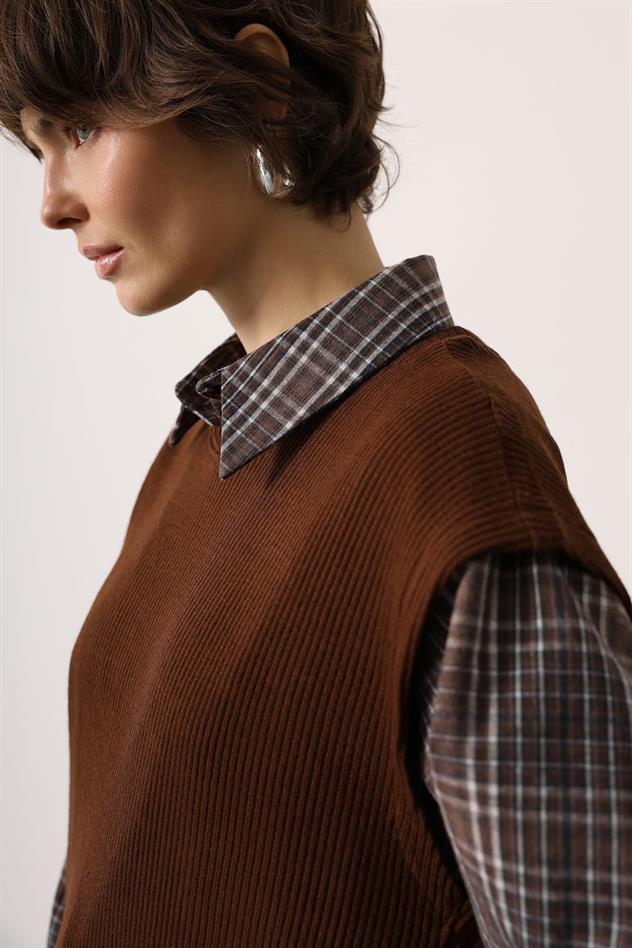 EKOSELİ SÜVETER DETAYLI ELBİSE - Kahve