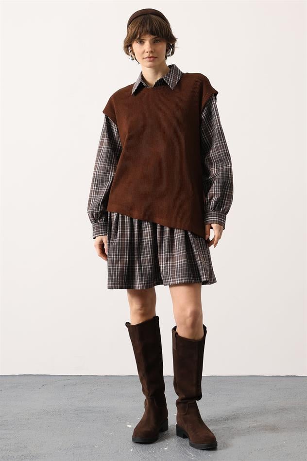 EKOSELİ SÜVETER DETAYLI ELBİSE - Kahve