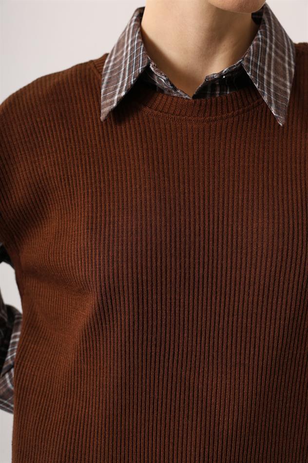 EKOSELİ SÜVETER DETAYLI ELBİSE - Kahve