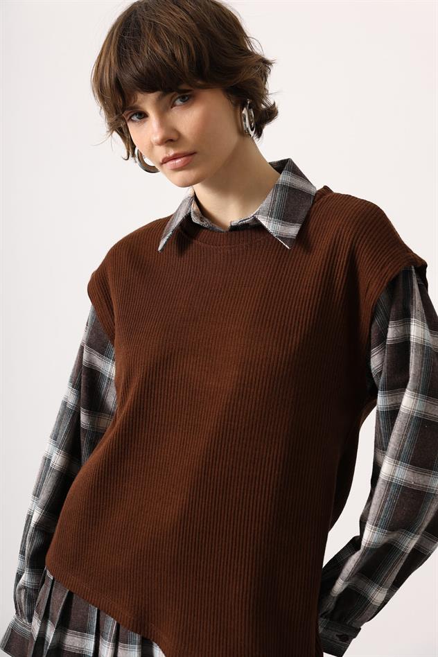 EKOSELİ SÜVETER DETAYLI ELBİSE - Kahve-Yeşil