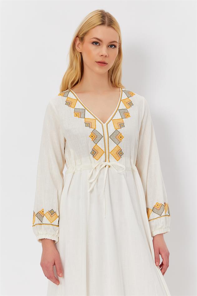 Ethnic Pattern Dress White