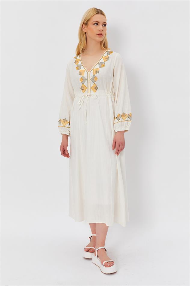 Ethnic Pattern Dress White