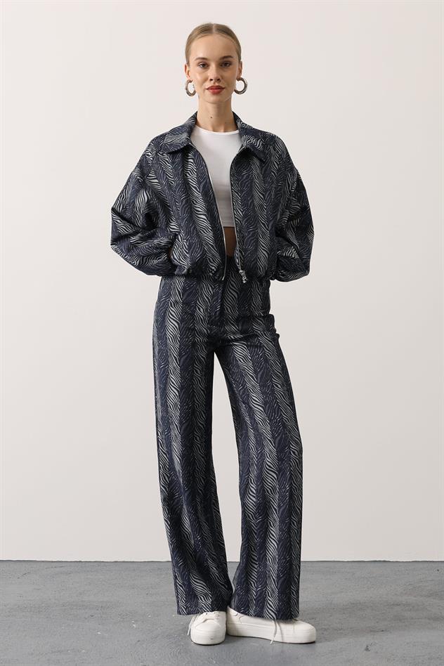 etnik desenli denim takım - Mavi