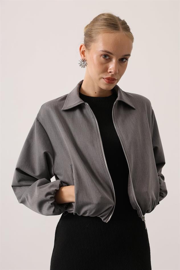 FERMUARLI BOMBER CEKET - Gri