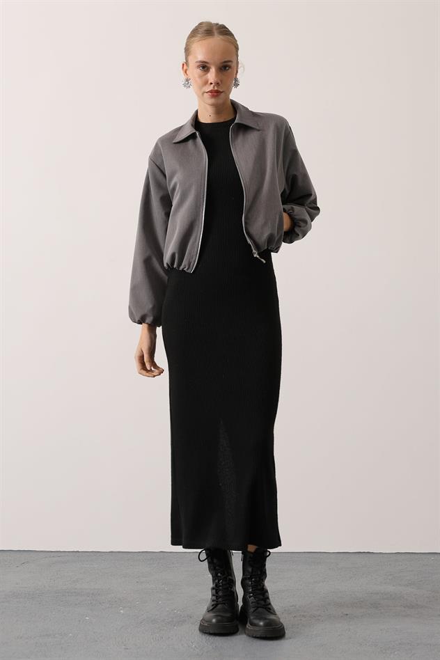 FERMUARLI BOMBER CEKET - Gri