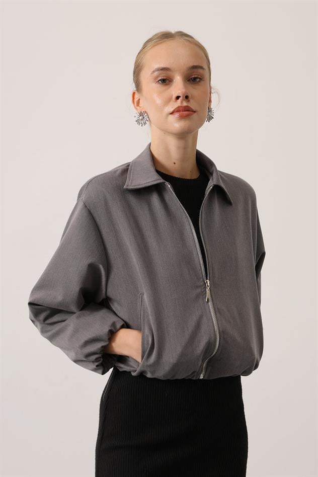 FERMUARLI BOMBER CEKET - Gri