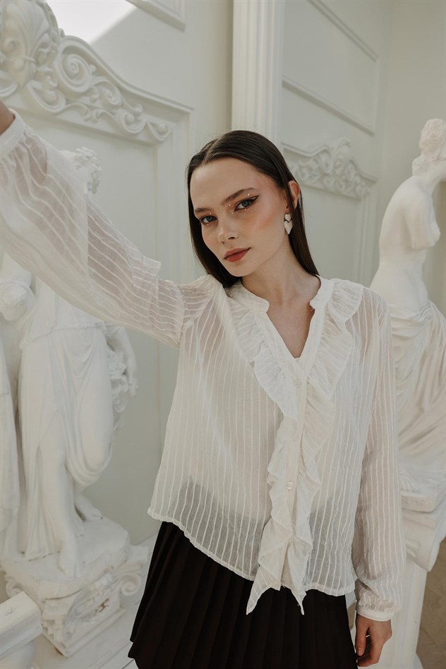 Fırfır Transparan Gömlek - Beyaz