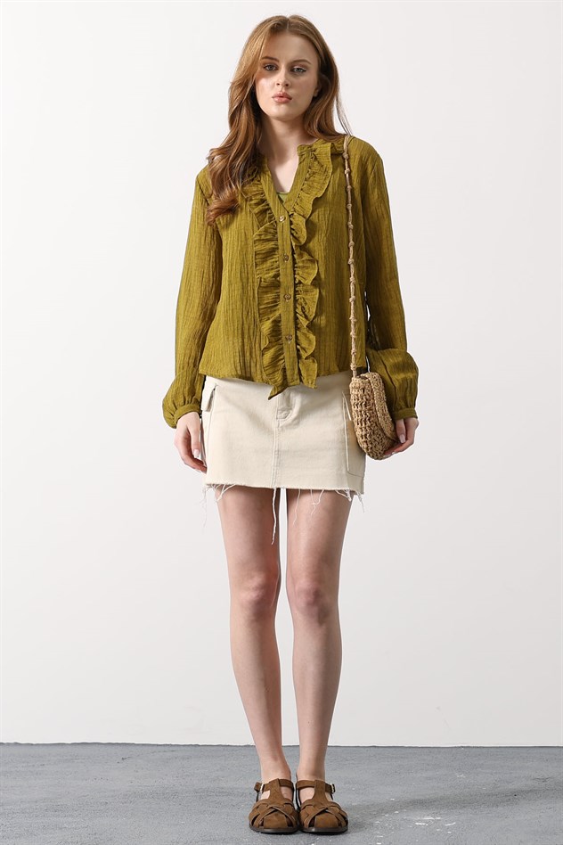 Fırfır Transparan Gömlek - Haki