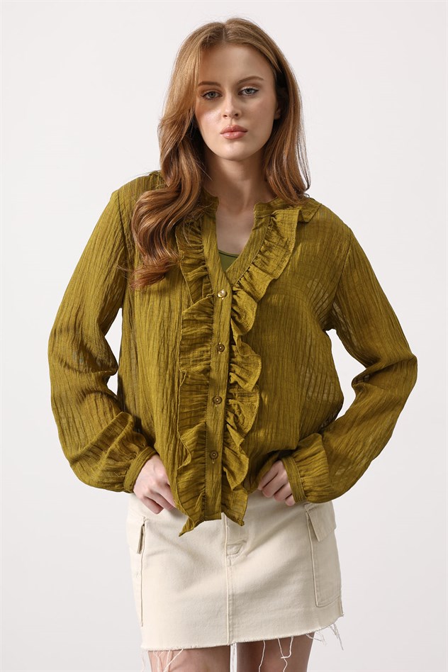 Fırfır Transparan Gömlek - Haki