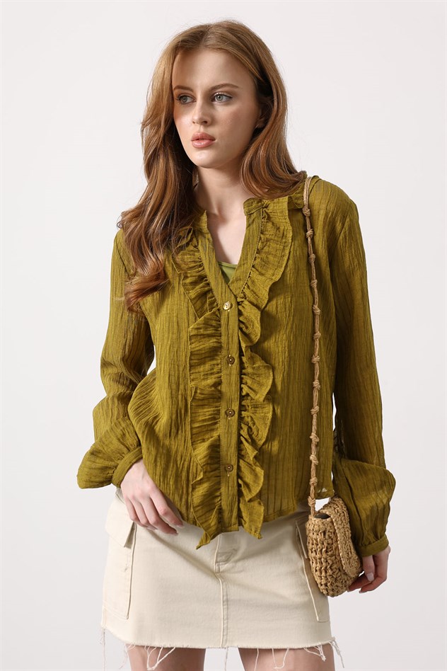 Fırfır Transparan Gömlek - Haki