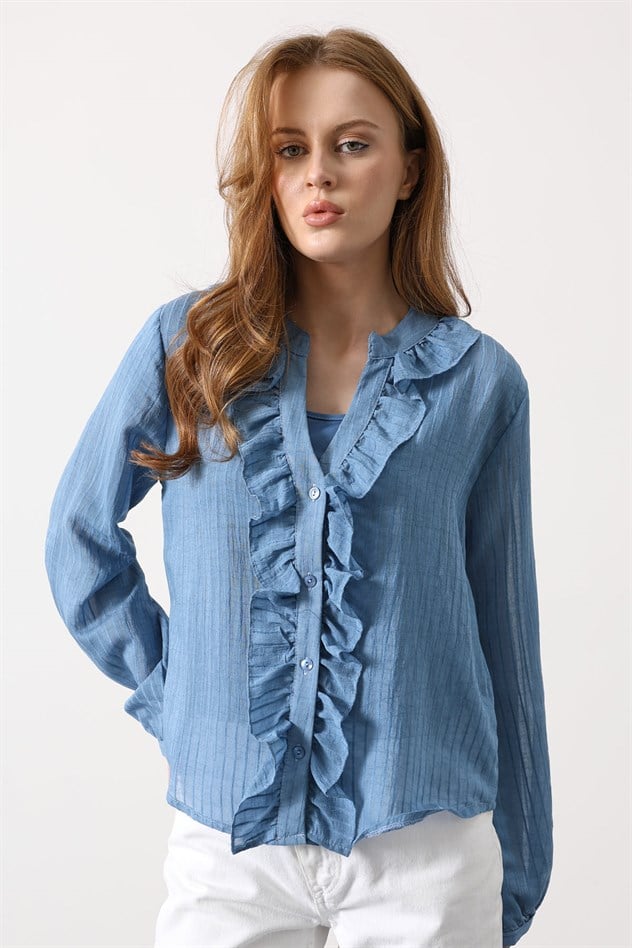 Fırfır Transparan Gömlek - Mavi
