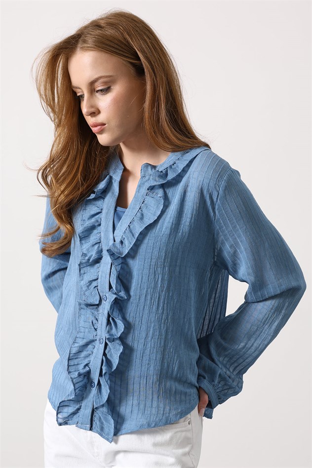 Fırfır Transparan Gömlek - Mavi
