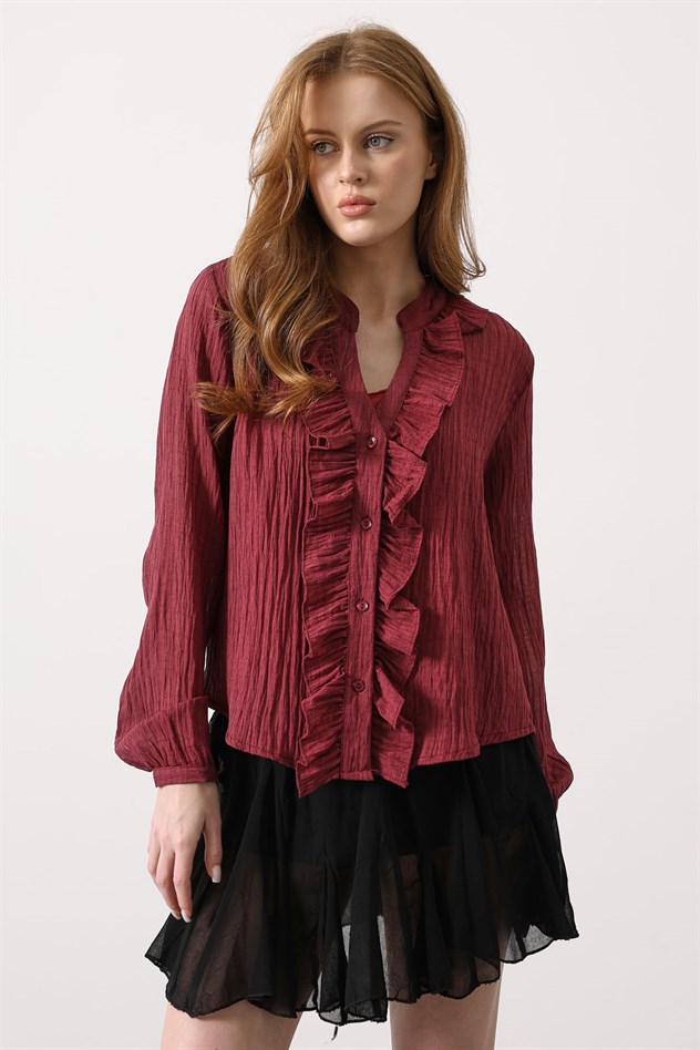 Fırfır Transparan Gömlek - Vişne