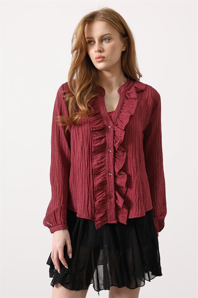 Fırfır Transparan Gömlek - Vişne