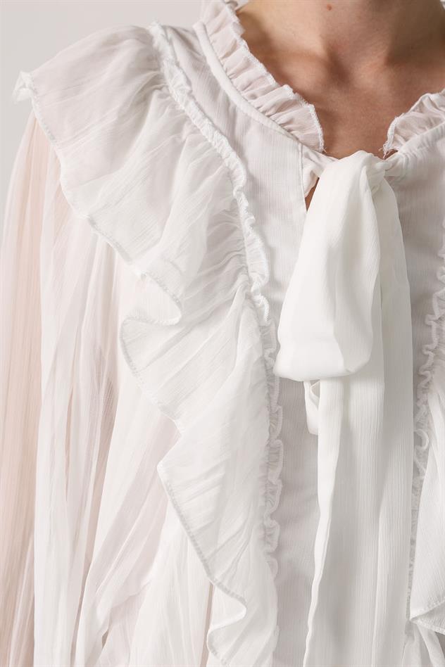 FIRFIRLI YAKASI BAĞLAMALI BLUZ - Beyaz