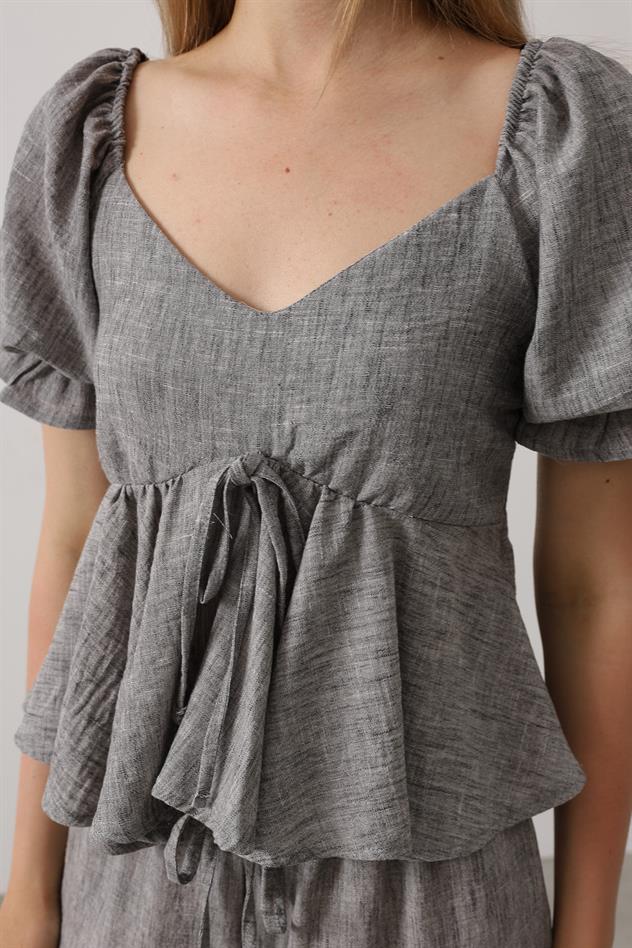 Fiyonklu Yarım Balon Kollu Takım - Siyah