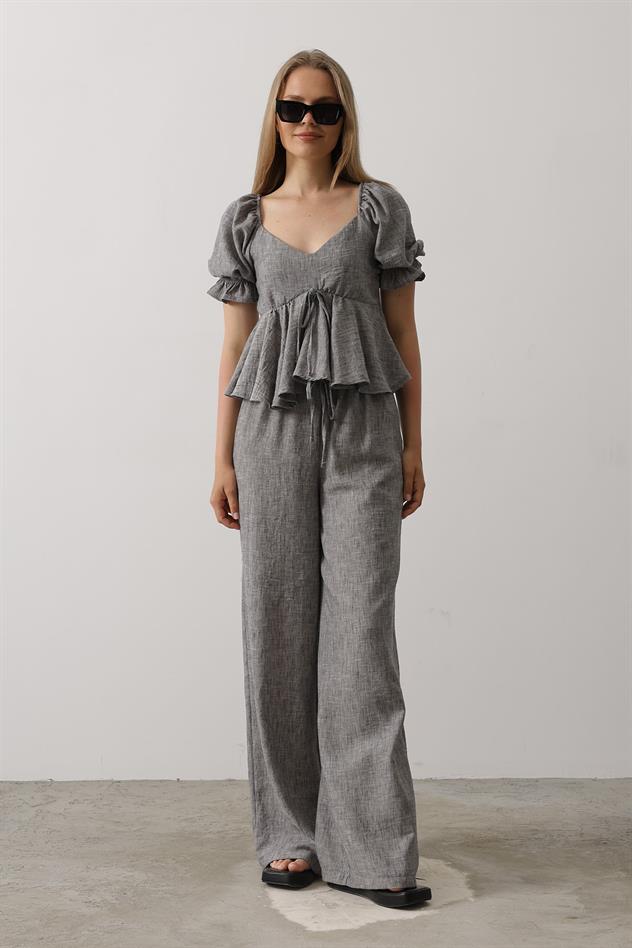 Fiyonklu Yarım Balon Kollu Takım - Siyah