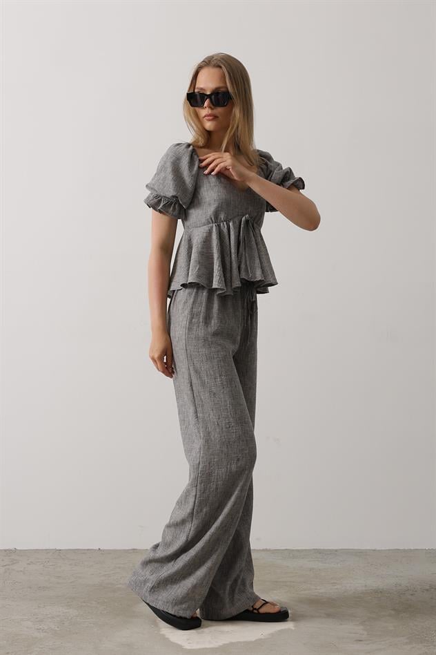 Fiyonklu Yarım Balon Kollu Takım - Siyah