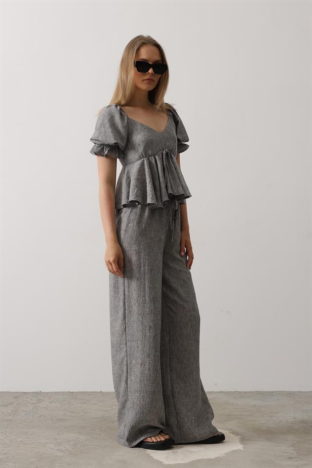 Fiyonklu Yarım Balon Kollu Takım - Siyah