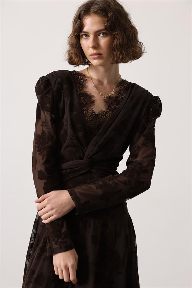 FLOKLU DANTEL TAKA ELBİSE - Kahve