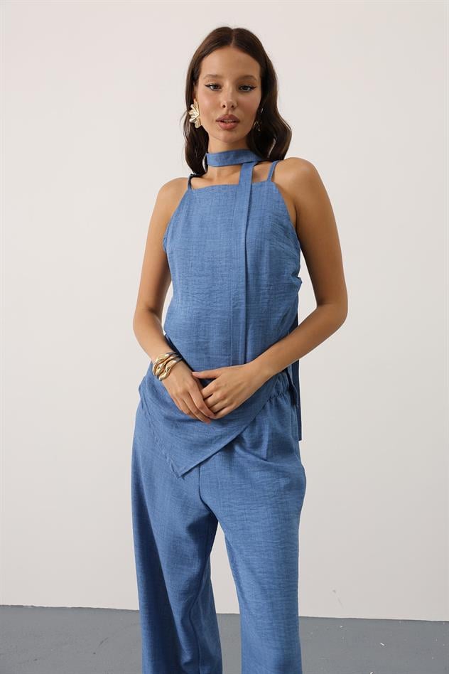 fular detaylı takım - İndigo