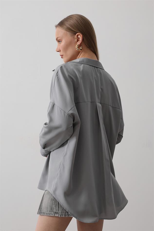 Geniş Manşet Detaylı Gömlek - Gri