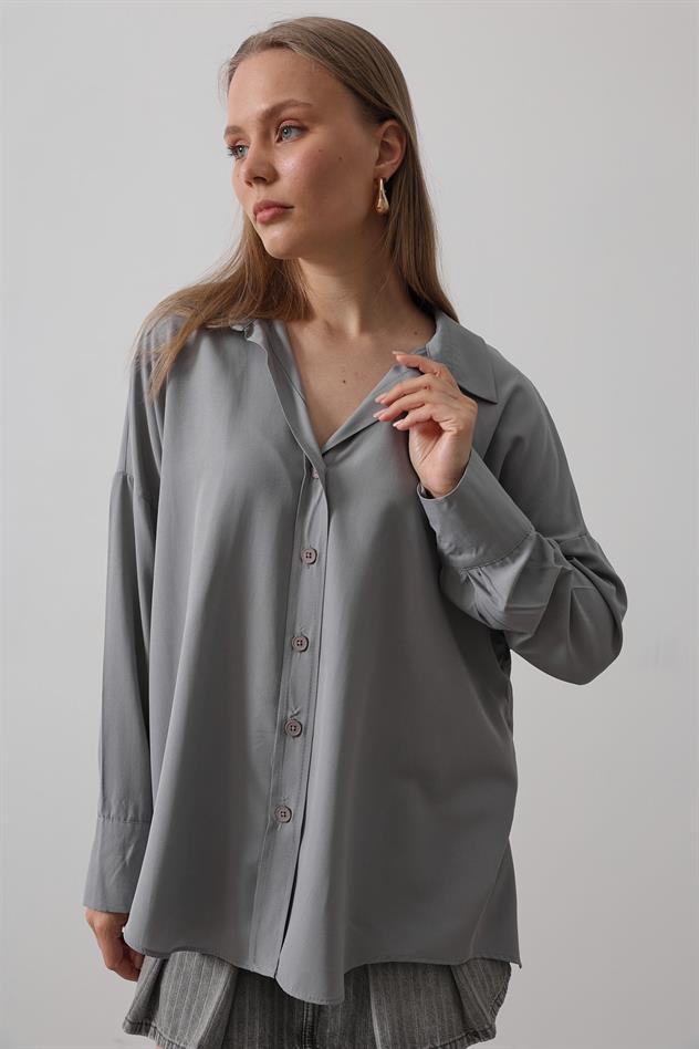 Geniş Manşet Detaylı Gömlek - Gri