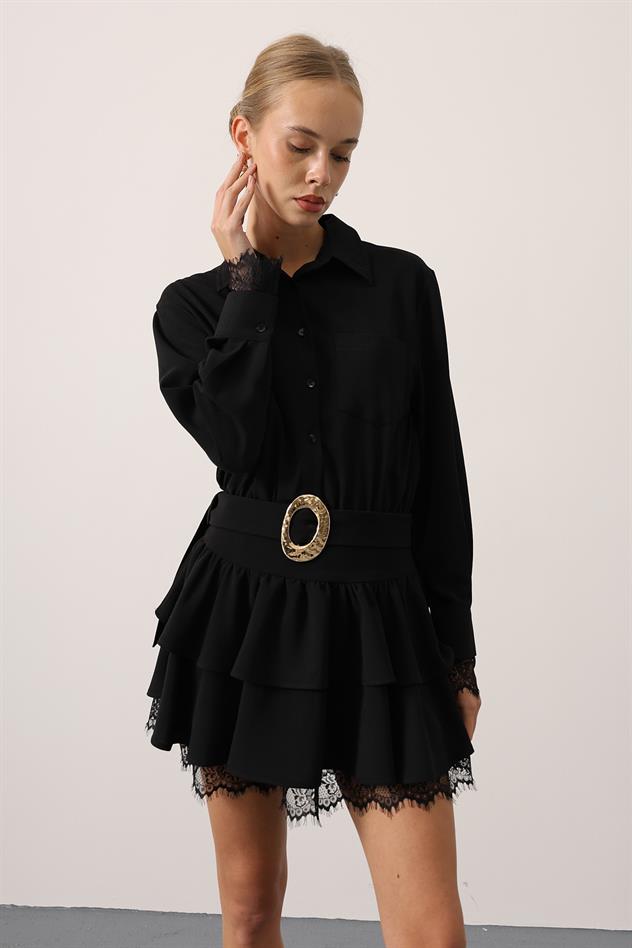 GOLD KEMERLİ DANTEL DETAYLI ELBİSE - Siyah