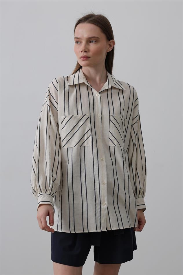 Gömlek - Bej-Lacivert