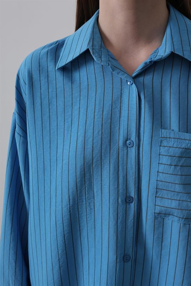 Çizgili Tek Cep Gömlek - Mavi