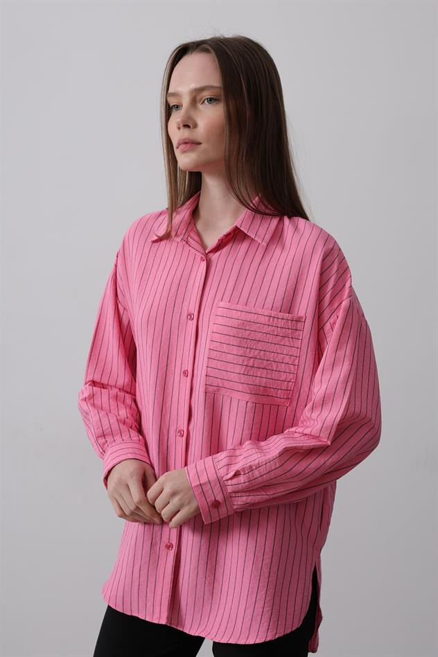 Çizgili Tek Cep Gömlek - Pembe