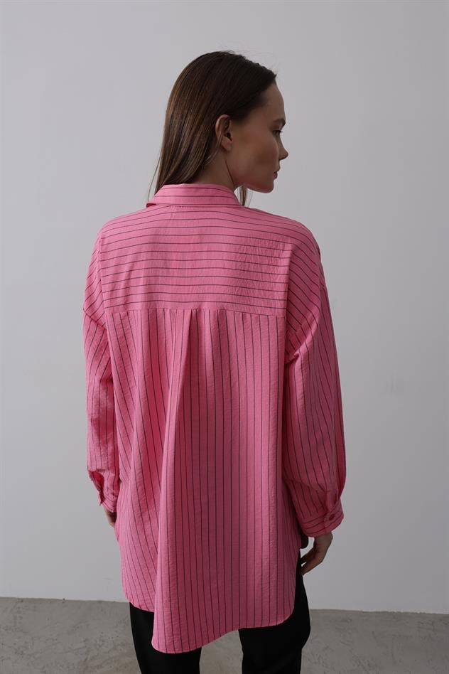 Çizgili Tek Cep Gömlek - Pembe