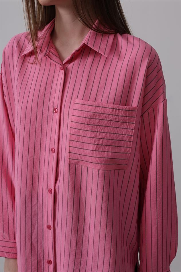 Çizgili Tek Cep Gömlek - Pembe