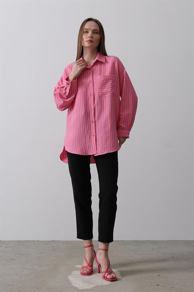 Çizgili Tek Cep Gömlek - Pembe