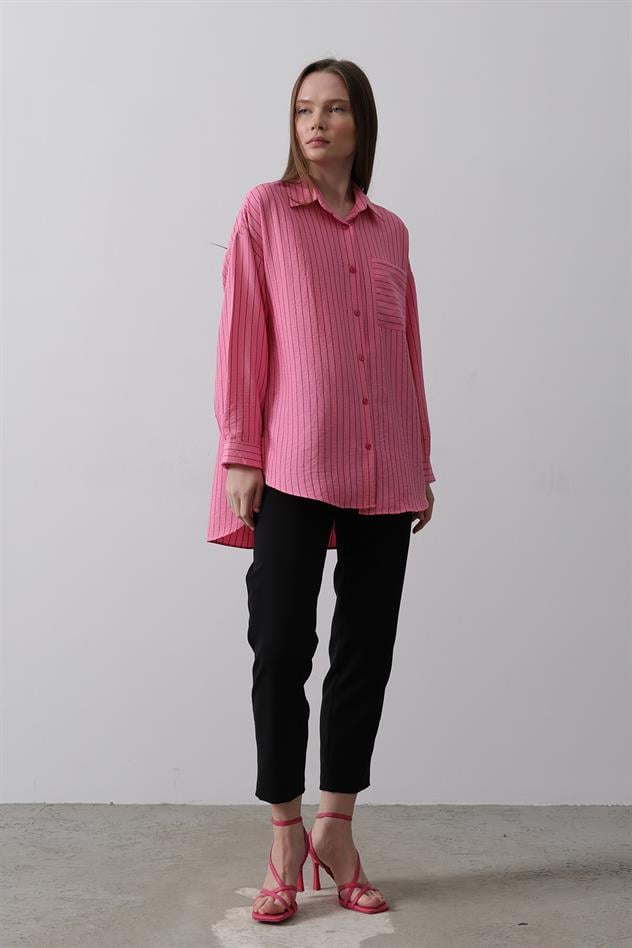 Çizgili Tek Cep Gömlek - Pembe