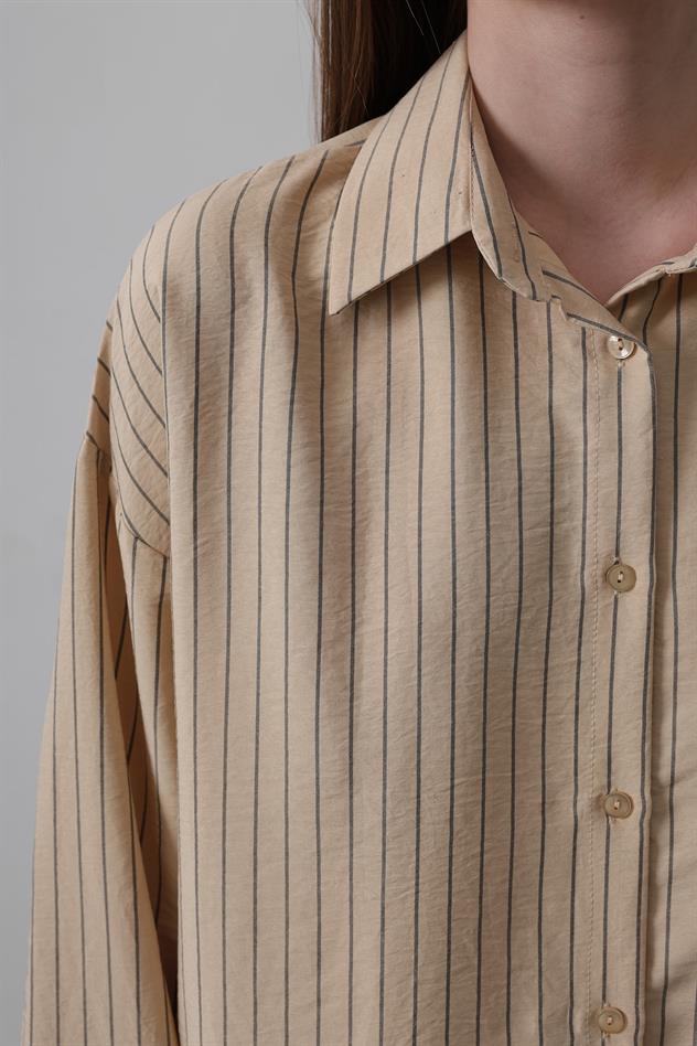 Çizgili Tek Cep Gömlek - Taş