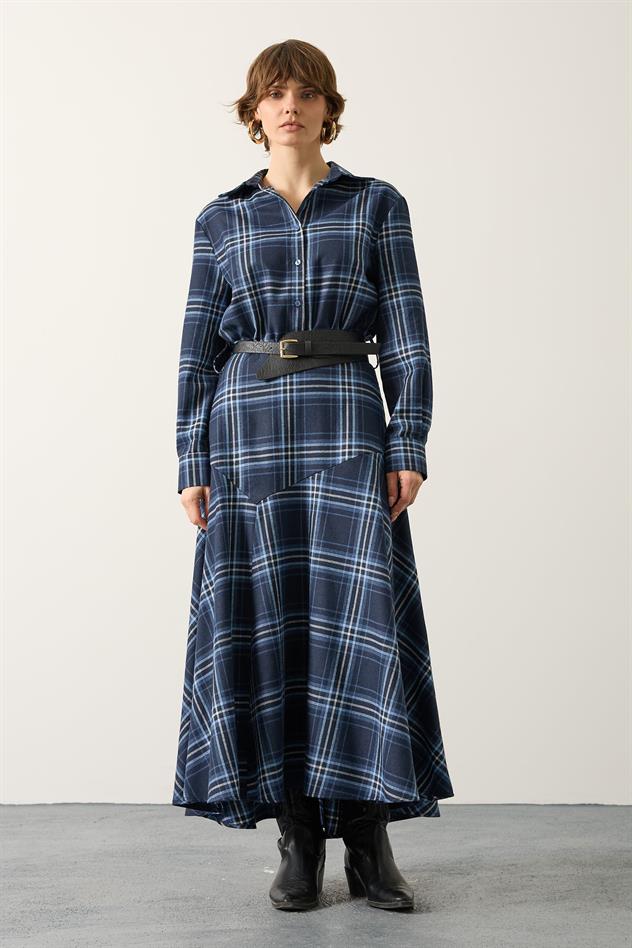 GÖMLEK YAKA BELİ KEMERLİ EKOSE ELBİSE - Mavi