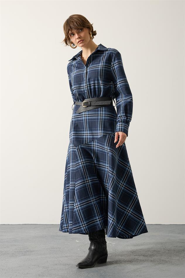 GÖMLEK YAKA BELİ KEMERLİ EKOSE ELBİSE - Mavi