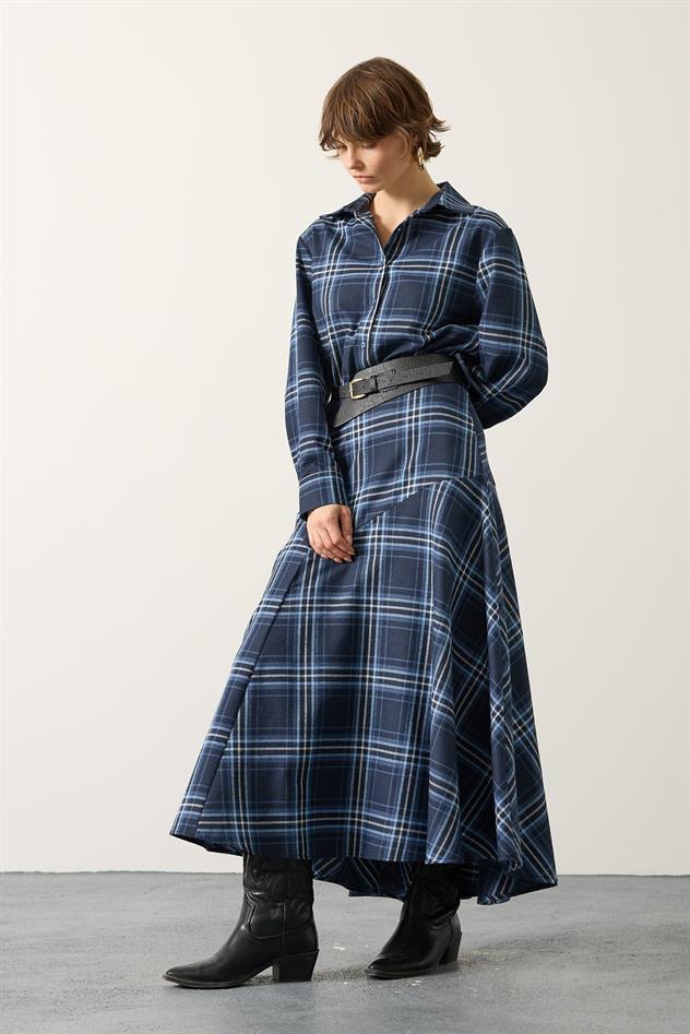 GÖMLEK YAKA BELİ KEMERLİ EKOSE ELBİSE - Mavi