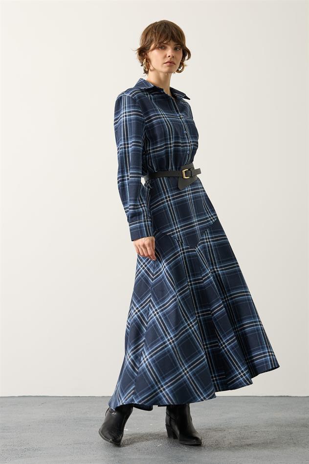 GÖMLEK YAKA BELİ KEMERLİ EKOSE ELBİSE - Mavi