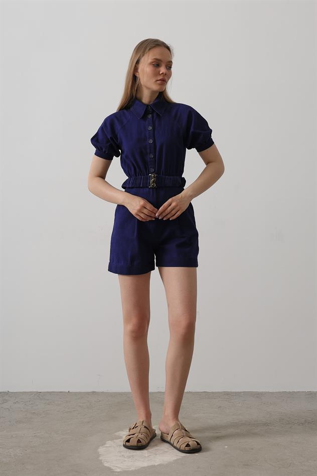Gömlek Yaka Gabardin Tulum - İndigo