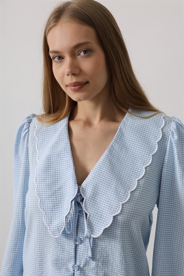 İşlemeli Bebe Yakalı Pantolon Takım - Bebe Mavisi