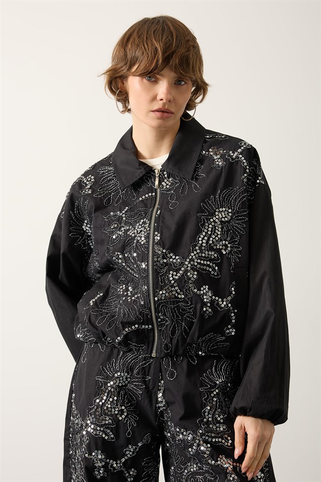 İŞLEMELİ BOMBER CEKET - Siyah